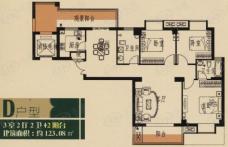 元宏锦江3室2厅2卫2阳台D户型户型图