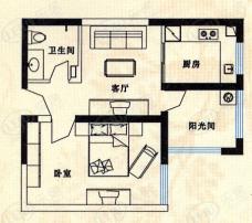 中华世纪城在售B户型 一室一厅一厨一卫户型图